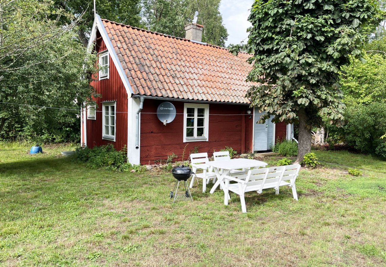 Stuga i Borgholm - Röd liten torpstuga på Öland omgiven av betande får I SE04032