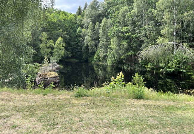 Studio i Örsjö - Röd liten stuga belägen i skogen och intill en liten göl | SE05040